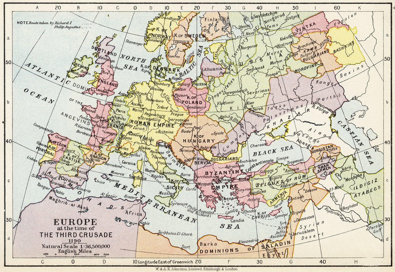 1190年第三次十字军东征时的欧洲地图，来自“历史地图集”，由W. und AK Johnston Limited出版，1911年 作者 英语学校