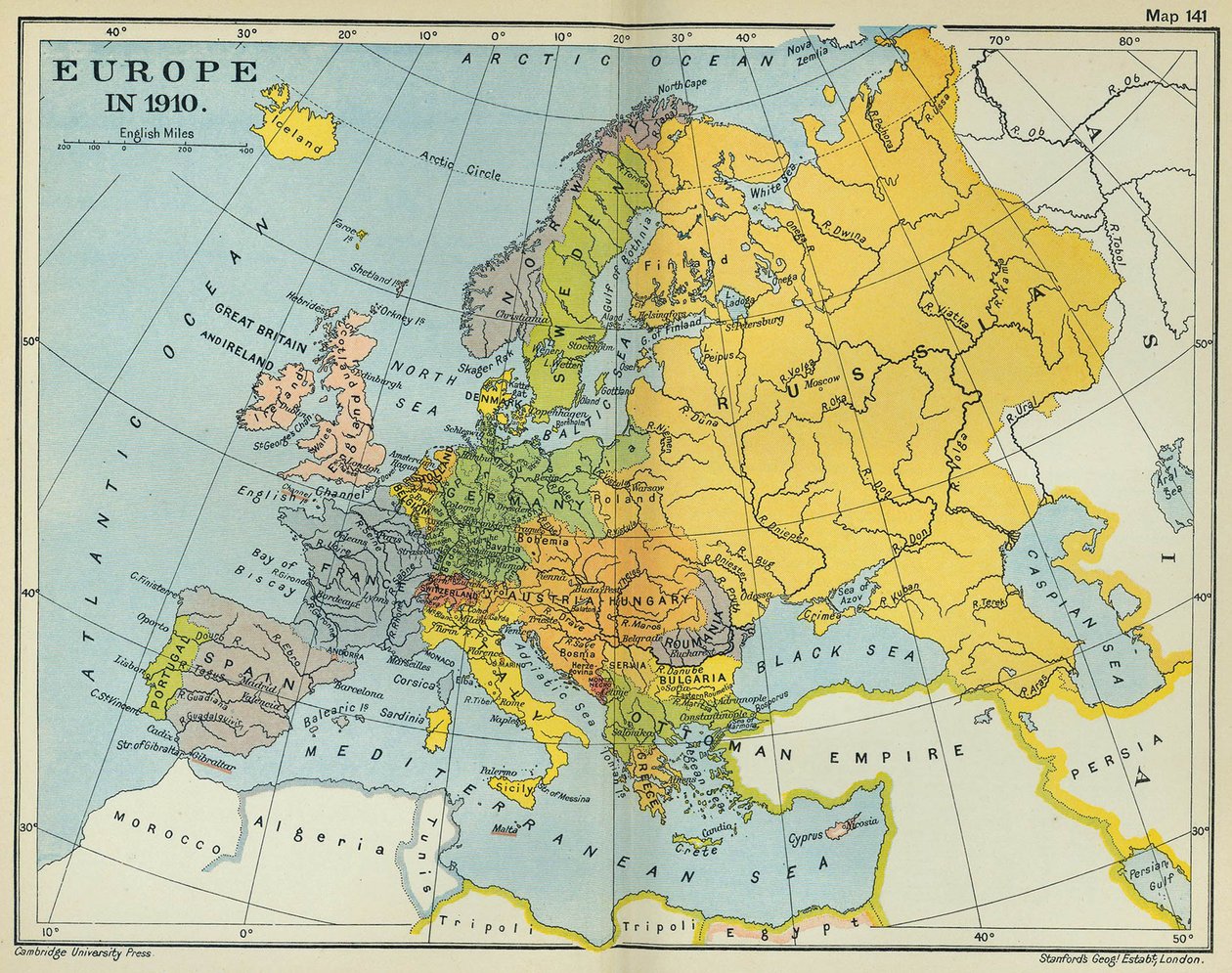 1910 年欧洲地图（彩色平版） 作者 英语学校