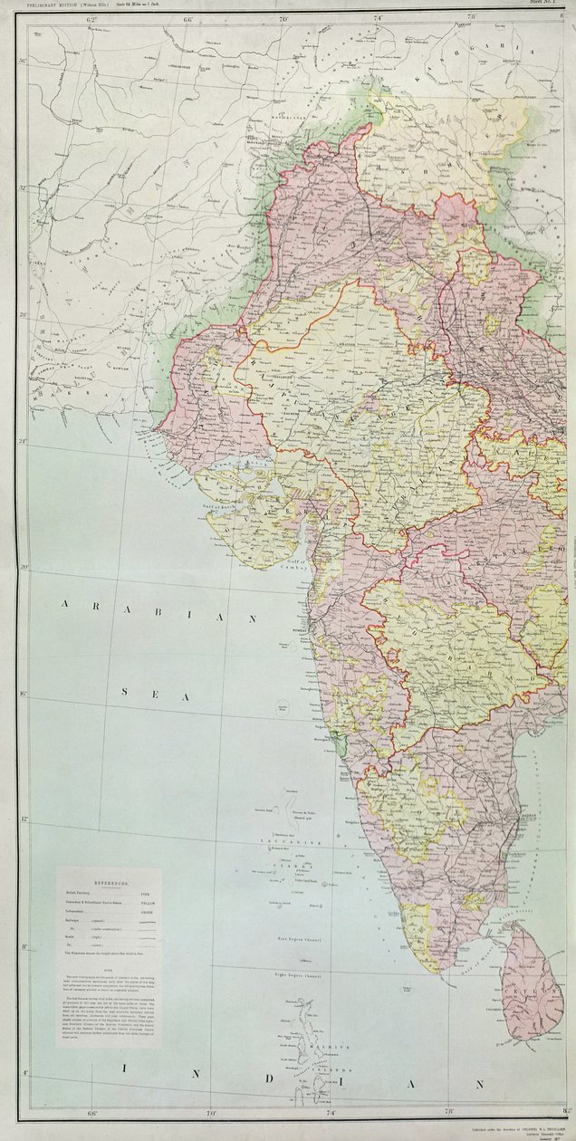 印度地图，在1877年印度总检察长HR Thuillier上校的指导下出版 作者 英语学校