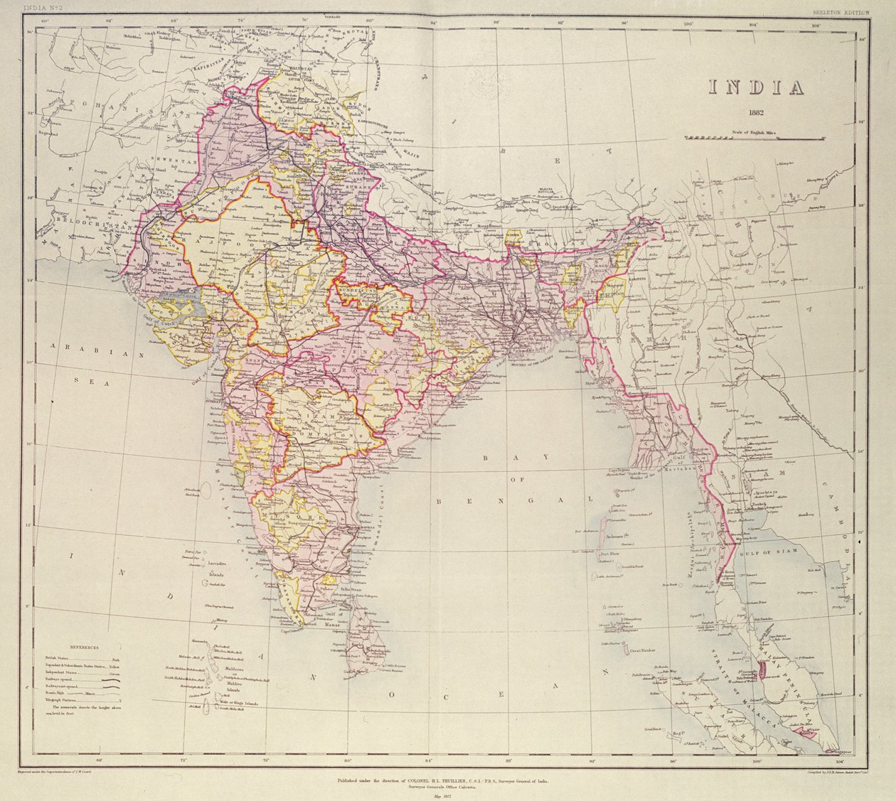 印度地图，在1882年印度总检察长HR Thuillier上校的指导下出版 作者 英语学校