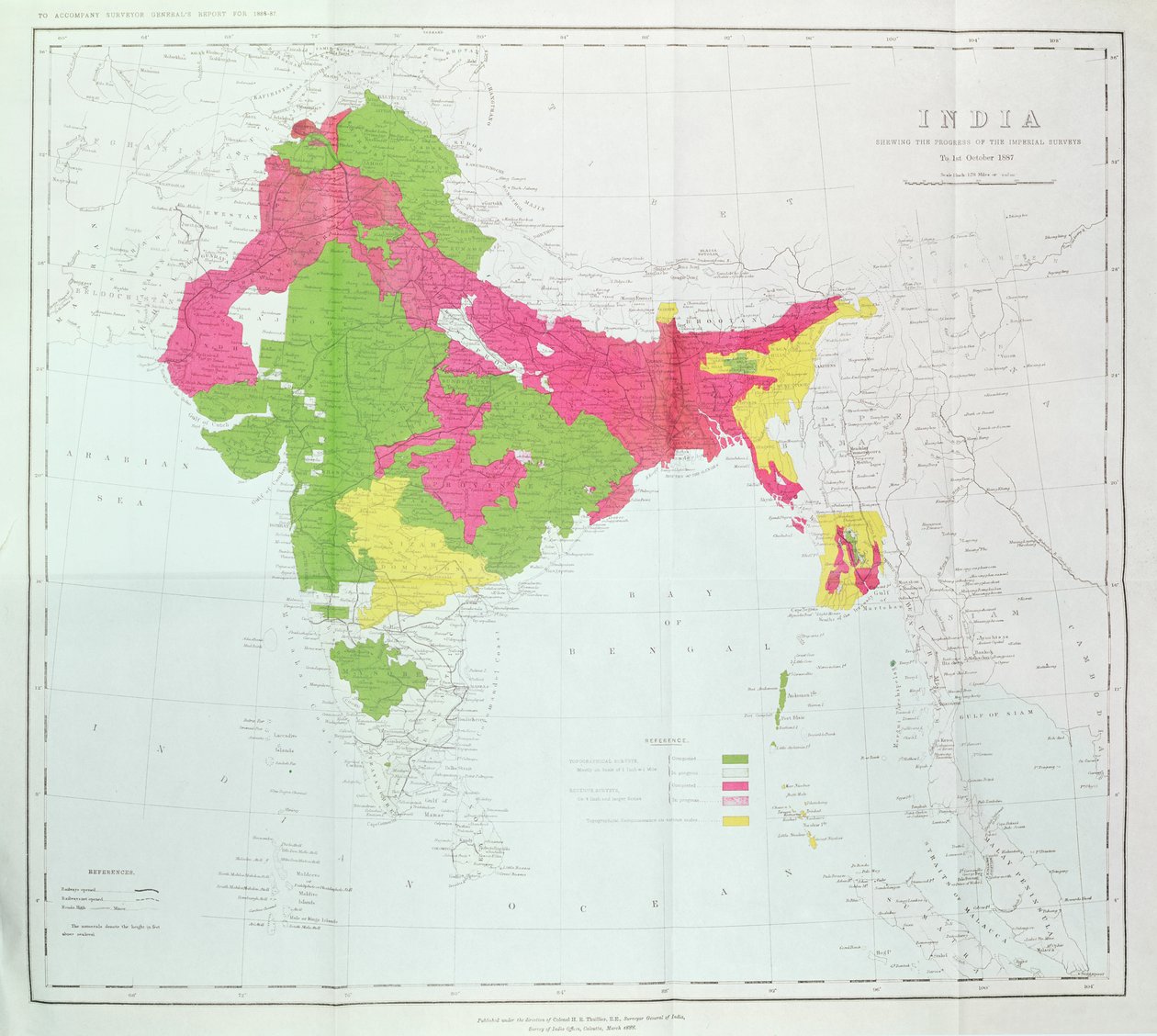 印度地图，显示帝国调查的进展，在印度总检察长HR Thuillier上校的指导下出版，1888年，印度总检察长 作者 英语学校