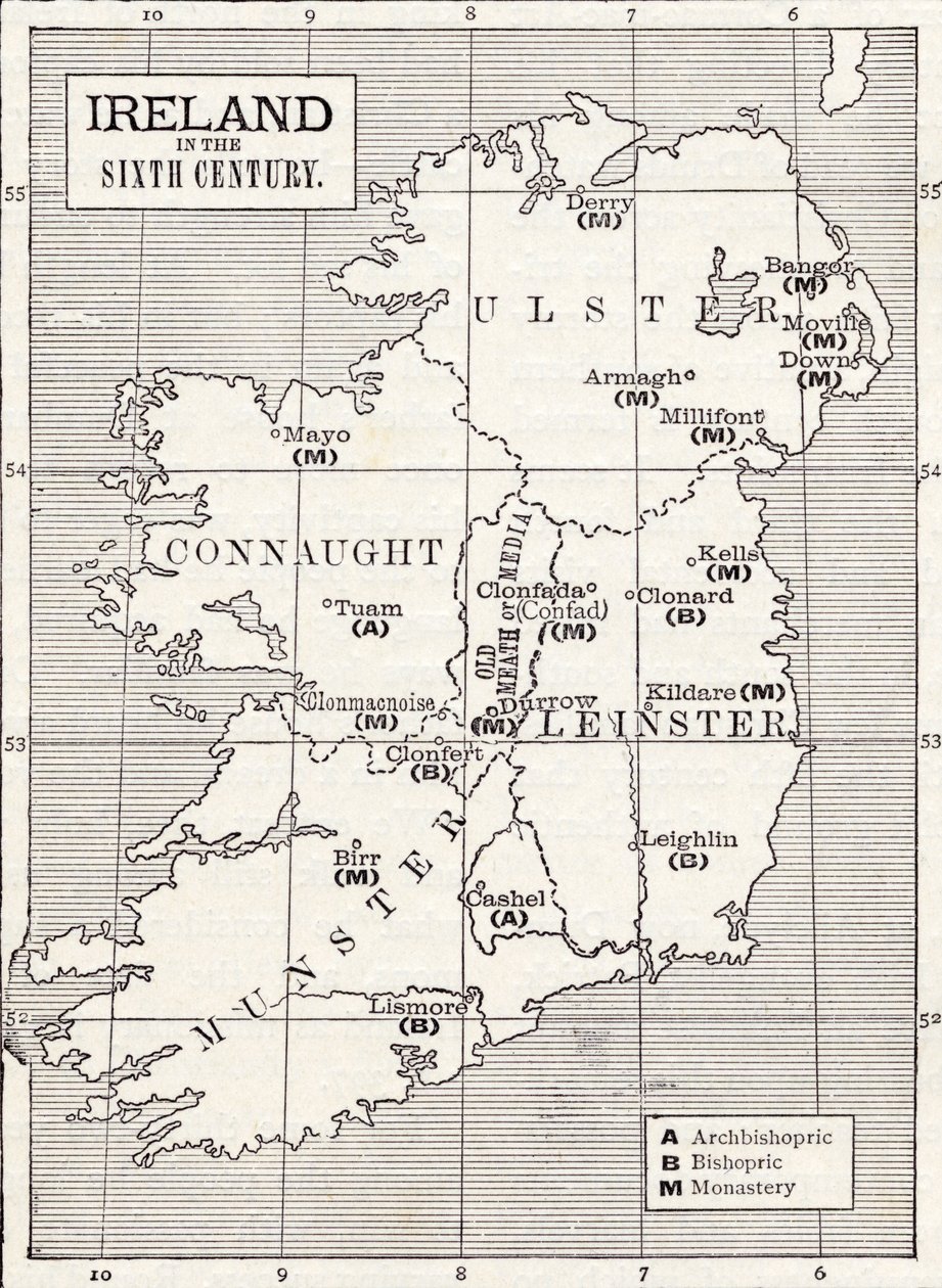 爱尔兰在六世纪的地图，来自“英国教会：人民的历史”一书，于1910年出版 作者 英语学校