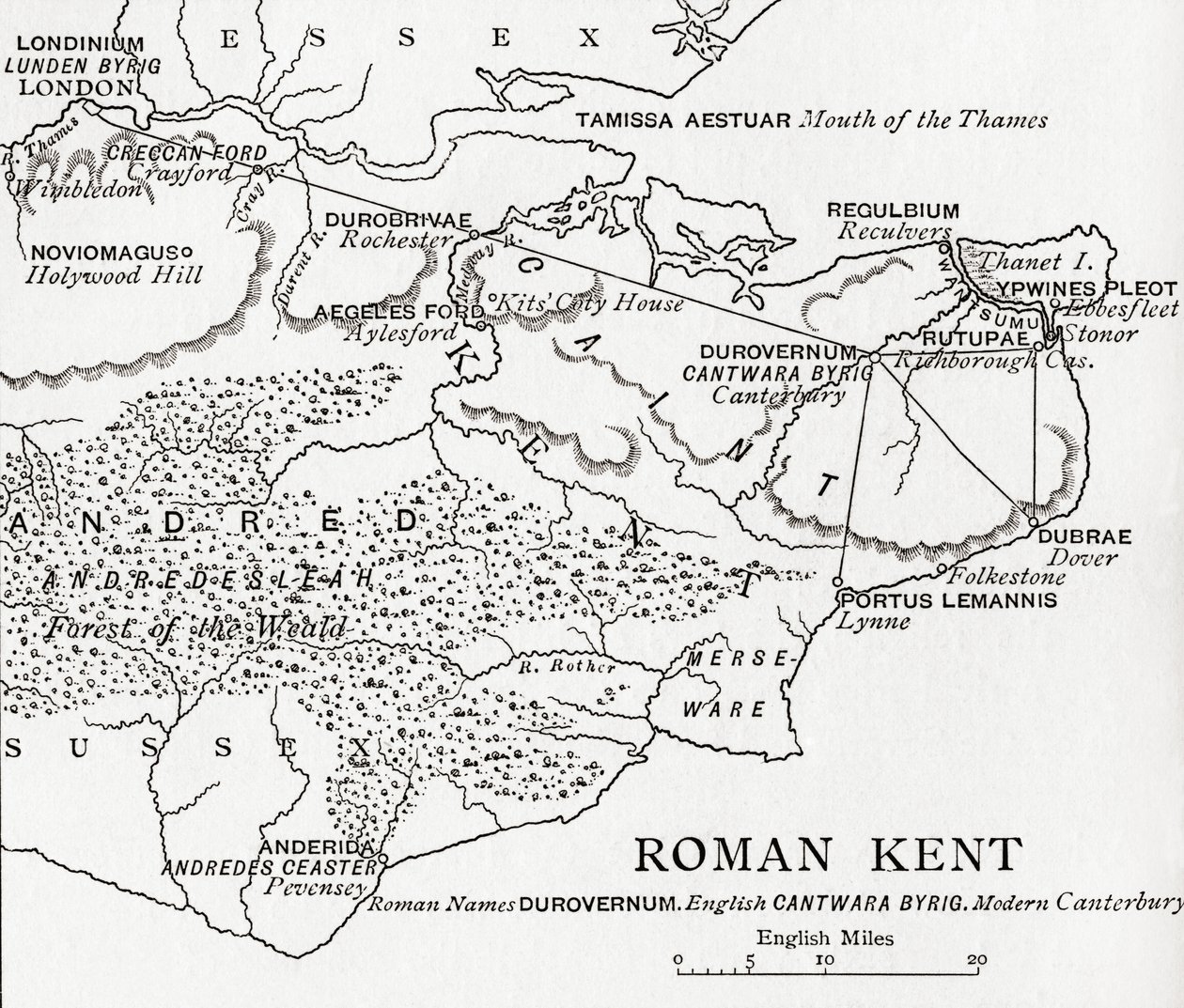英国罗马肯特地图，来自JR Green的“英国人的简史”，1893年出版 作者 英语学校