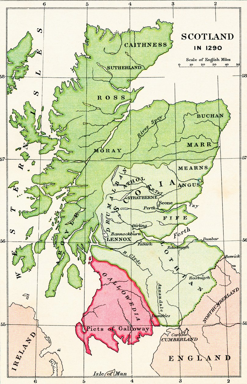 1290年的苏格兰地图，来自JR Green的“英国人的短暂历史”，1893年出版 作者 英语学校