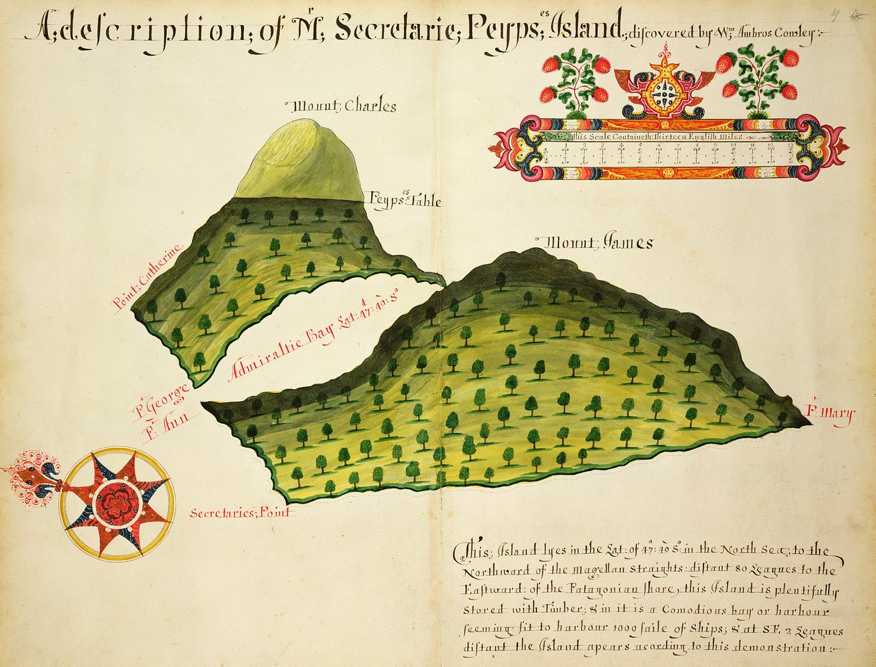 麦哲伦海峡秘密群岛和佩皮斯群岛地图，约 1628 年（纸上钢笔、墨水和水彩画） 作者 英语学校