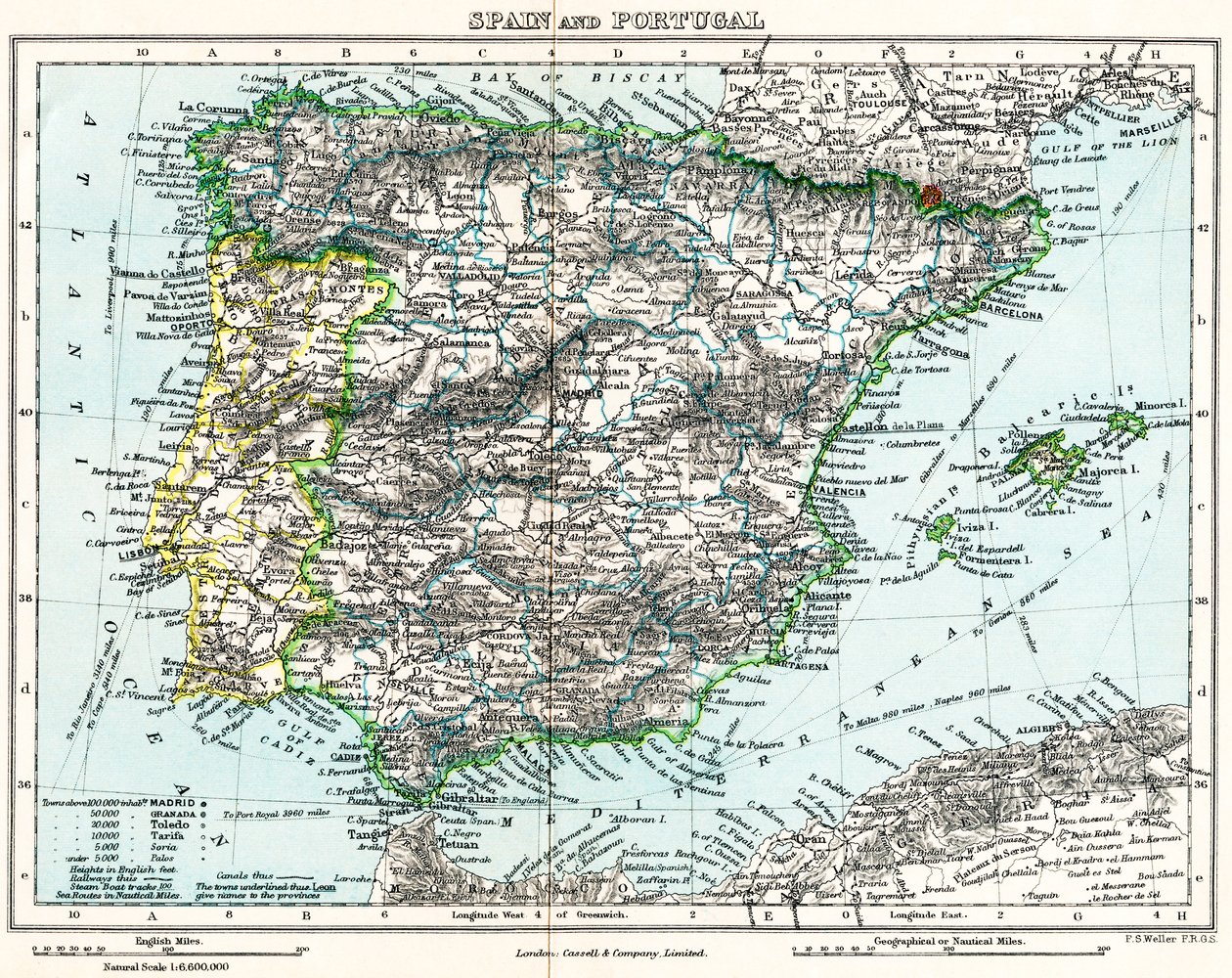 米尔纳地理图库中的西班牙和葡萄牙地图，约 1872 年（彩色石印版） 作者 英语学校