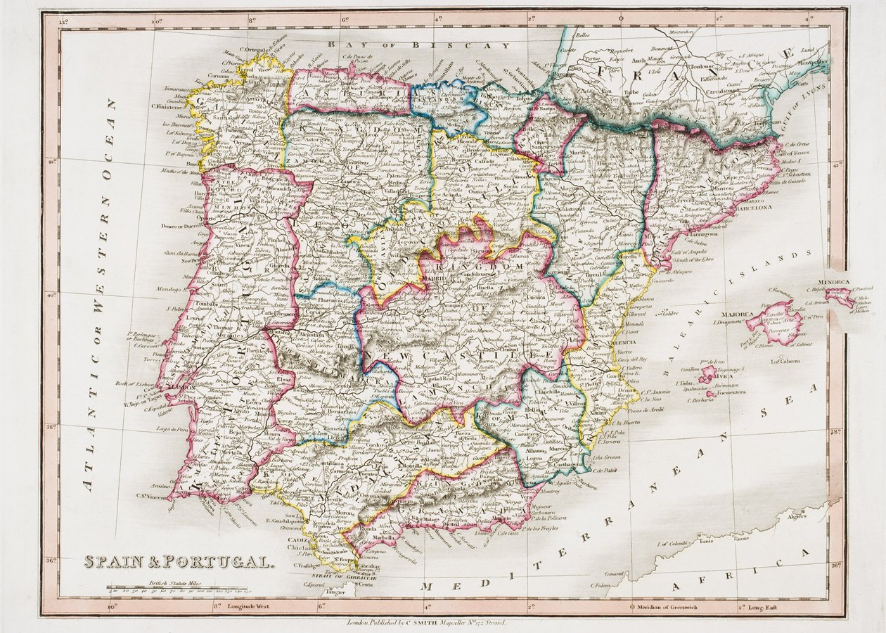 西班牙和葡萄牙地图，来自&39;Smith&39;s General Atlas&39;，由伦敦的C. Smith Mapseller于1850年出版（彩色光刻） 作者 英语学校