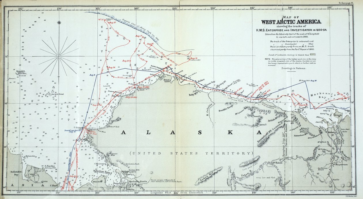 西北极美洲地图，显示1850  -  1854年HMS企业和调查员的轨迹 作者 英语学校