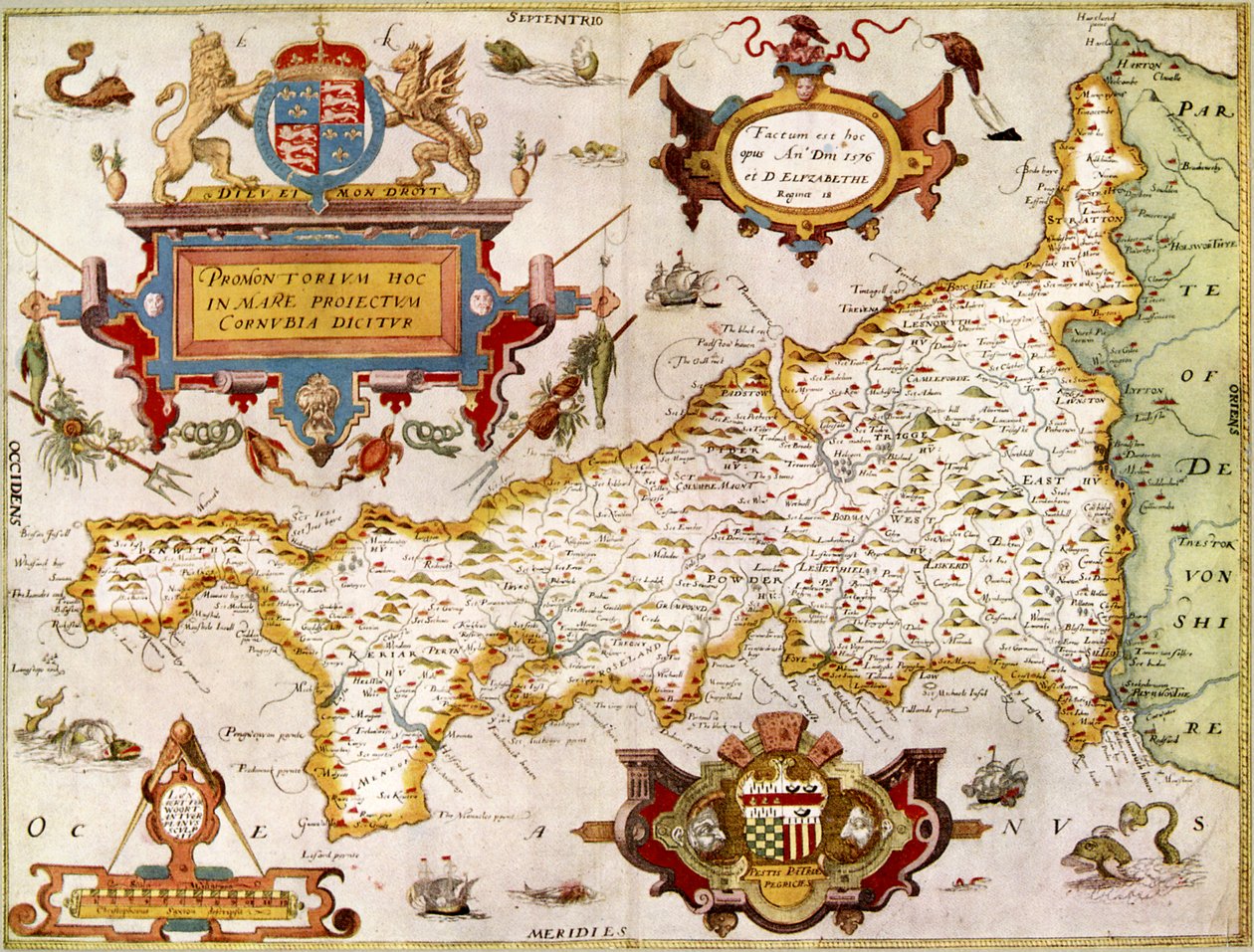 1576 年康沃尔郡地图，选自《萨克斯顿地图集》，阿瑟-L-汉弗莱斯著的《旧装饰地图》中有转载 作者 英语学校