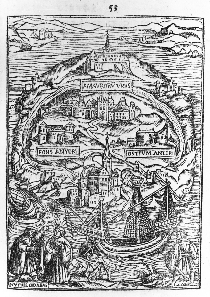 乌托邦岛地图，Book frontispiece，1563 作者 英语学校