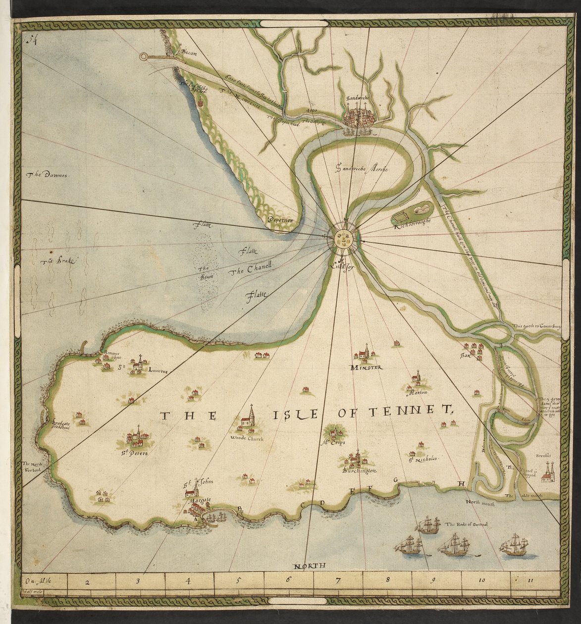 根据约翰-罗杰斯（John Rogers）约 1610 年绘制的萨尼特岛和桑威奇沼泽地图（纸张上的钢笔、墨水和水彩画 作者 英语学校