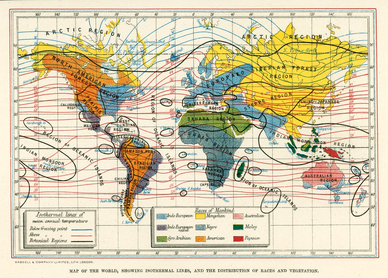 世界地图，显示等温线以及人种和植被的分布（彩色石印版） 作者 英语学校