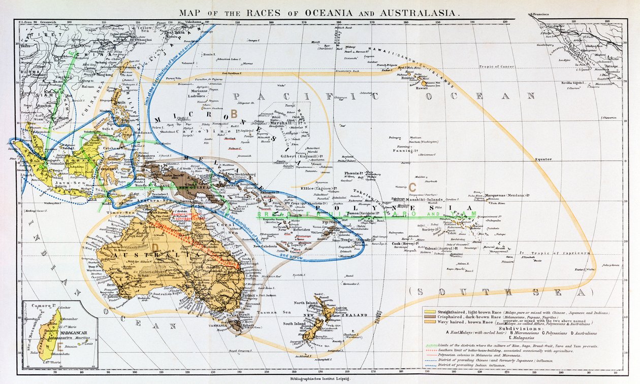 大洋洲和澳大拉西亚的种族地图，来自“人类的历史”，第1卷，由Friedrich Ratzel教授，1896年 作者 英语学校