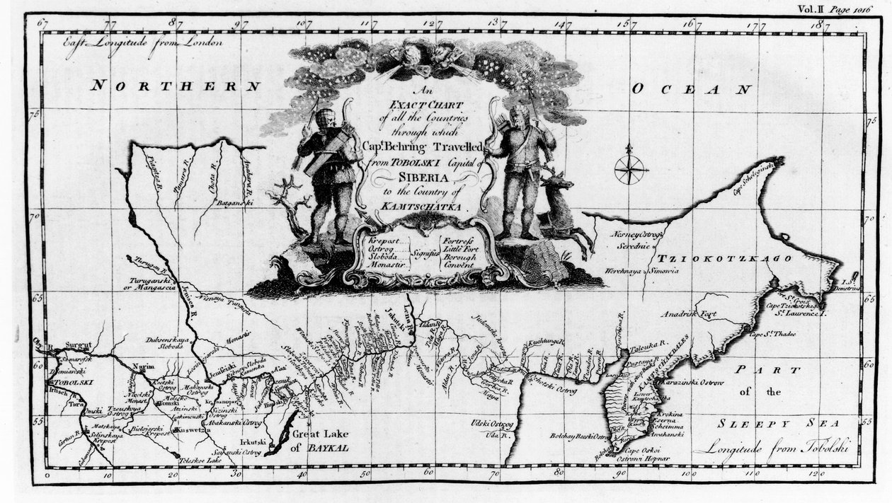 Vitus Bering（1681-1741）穿过西伯利亚到堪察加的路线地图，来自Navigantium atque Itinerantium Bibliotheca 1744年出版 作者 英语学校