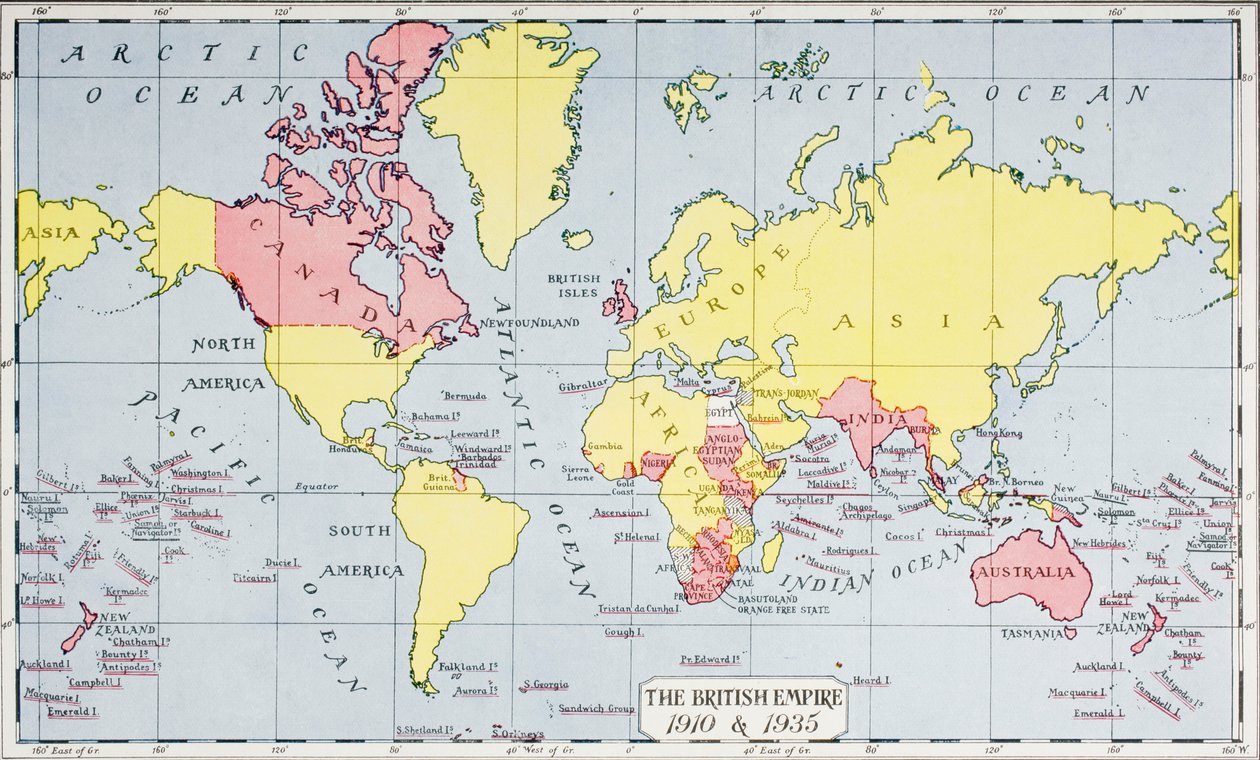 1910 年和 1935 年以红色显示国王帝国的地图，出自 1935 年出版的“女王，女士的报纸”（彩色石版画） 作者 英语学校