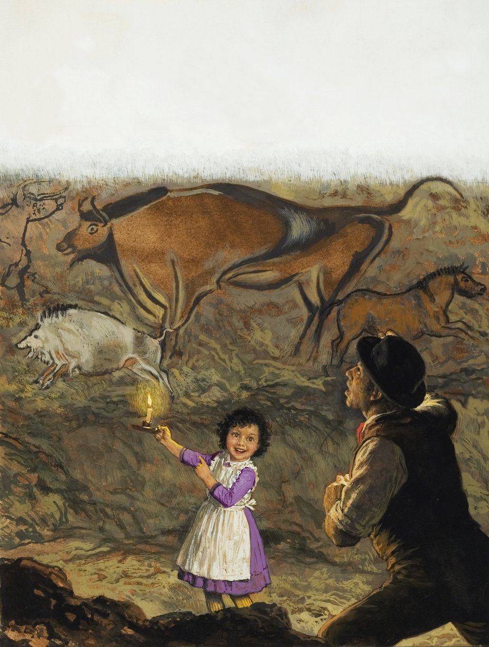 马塞利诺-桑斯-德-索图奥拉（1831-88 年）和女儿玛丽亚发现阿尔塔米拉洞穴壁画（水粉画，纸本） 作者 英语学校