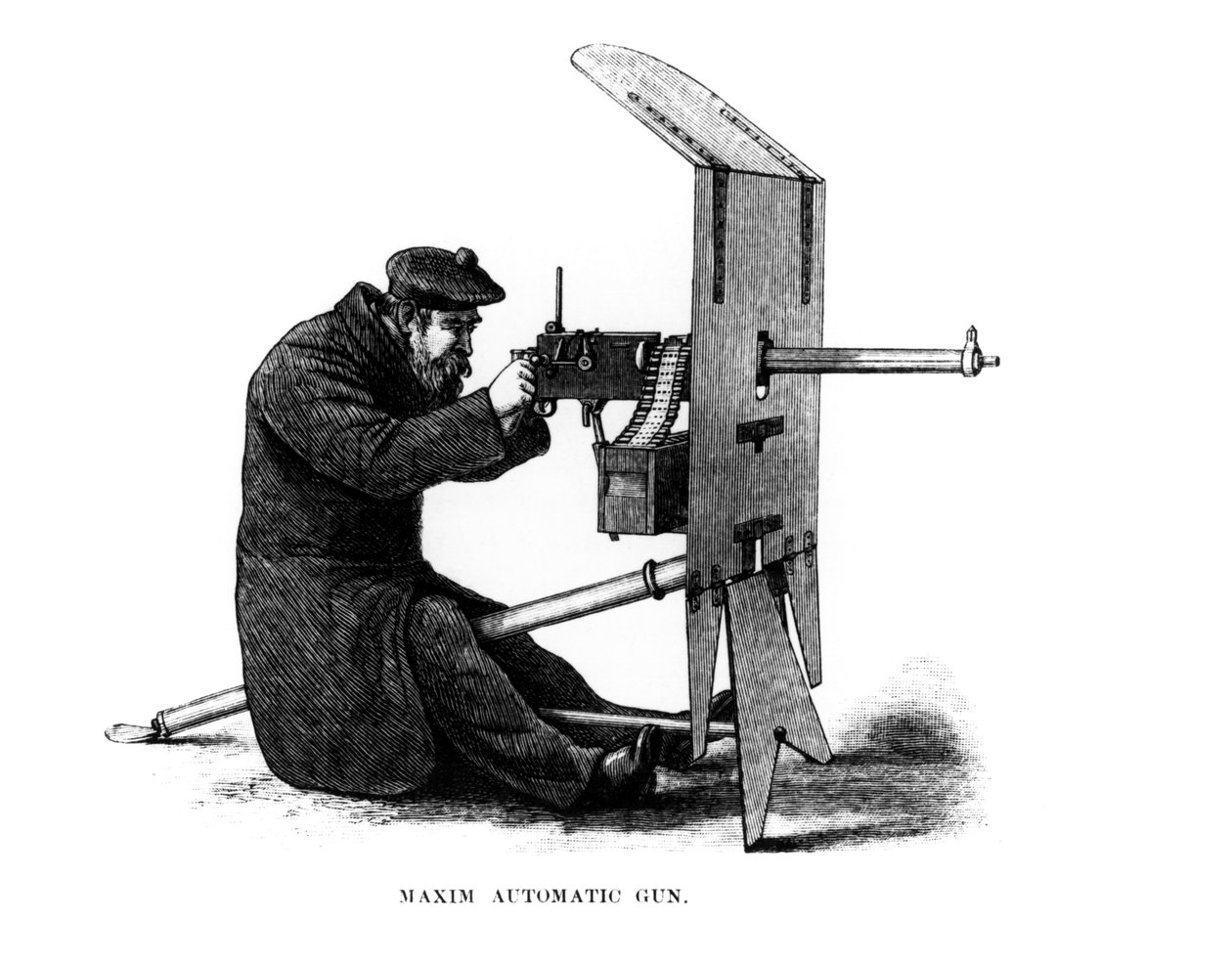 Maxim自动喷枪，一种反冲操作的机枪，由Hiram Stevens Maxim（1840-1916）于1882年获得专利 作者 英语学校