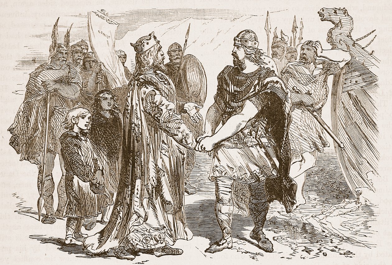 1016年在Severn的Alney岛上的Edmund Ironside和Canute会议，插图来自Cassells画报英国历史（棕褐色照片） 作者 英语学校
