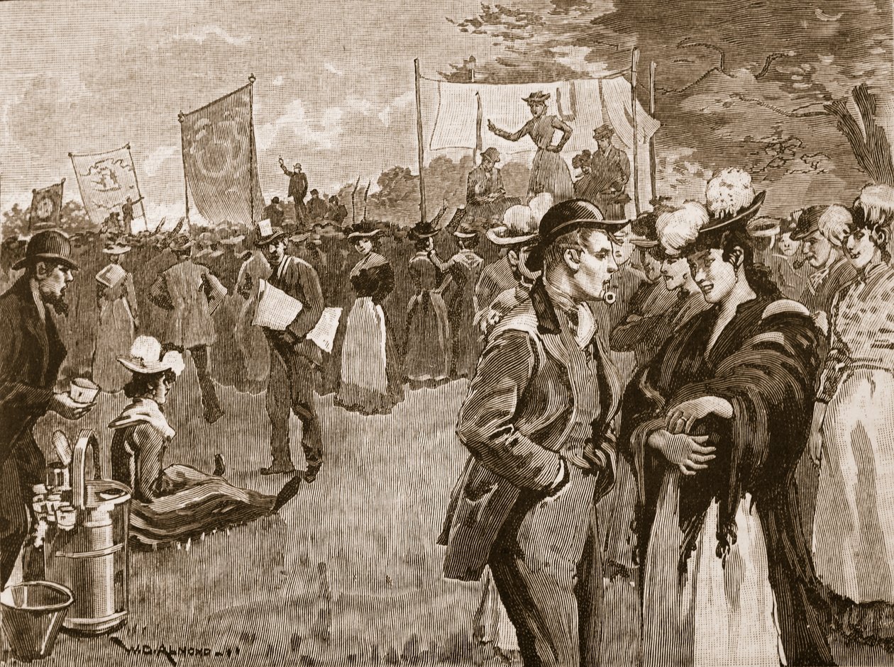 1891年在海德公园的洗衣妇会议，卡塞尔斯画报英国历史的插图（棕褐色照片） 作者 英语学校