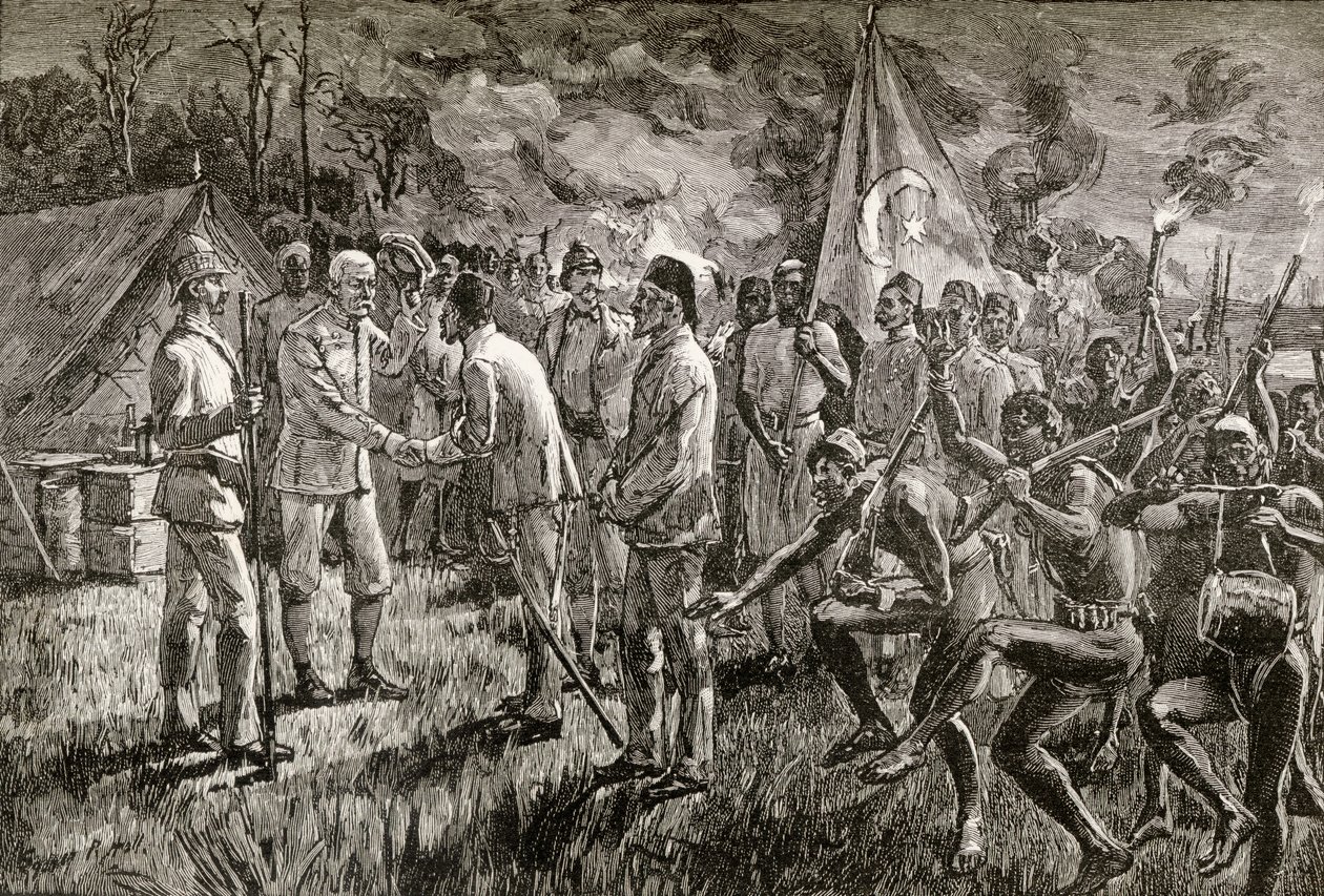 穆罕默德·艾明·帕夏和加埃塔诺·卡萨蒂于1889年（1890年）到达艾伯特湖的亨利·莫顿·斯坦利爵士的湖岸营地（木版画） 作者 英语学校