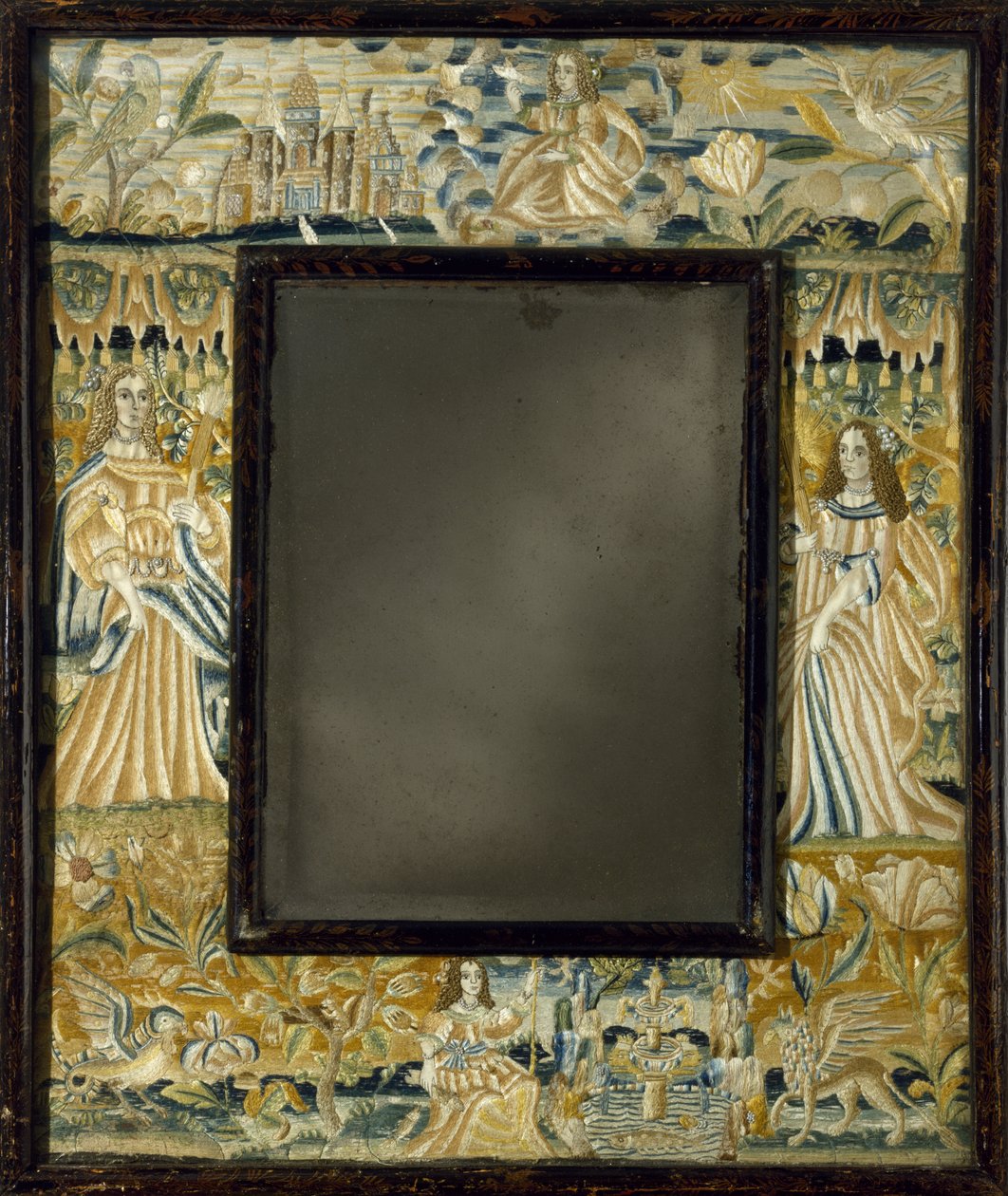 带有凸起工作刺绣的镜子，c。 1650-1700（珠子、金属丝、蕾丝、丝绸、亚麻布、木材、玻璃） 作者 英语学校