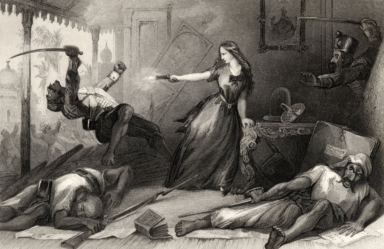 1857年Wheeler小姐在Cawnpore为Sepoys辩护，1858年出版的“印度叛变史”（版画） 作者 英语学校