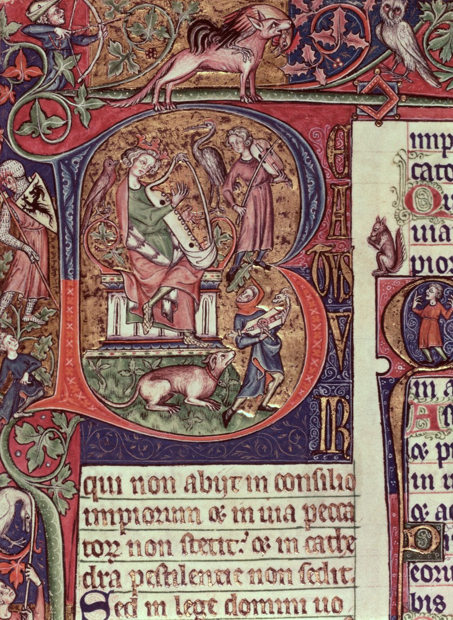 MMS 9961-2来自Peterborough Psalter的历史B，描绘了大卫王弹竖琴，英语，（c.1310-20） 作者 英语学校