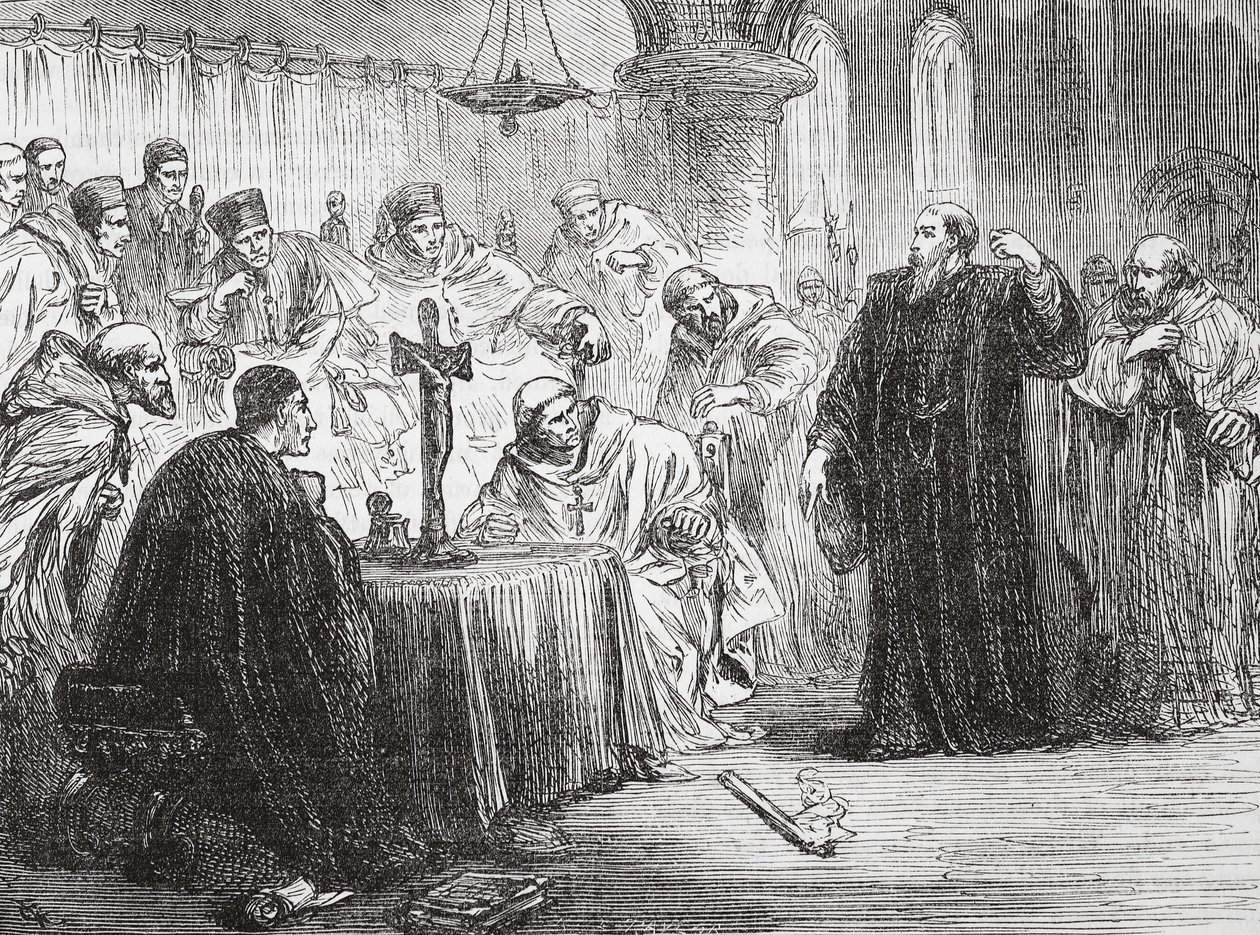 Mollio在宗教裁判所之前抛下他的火炬，由James Aitken Wylie（1808-1890），酒吧的新教历史插图。 1878年 作者 英语学校