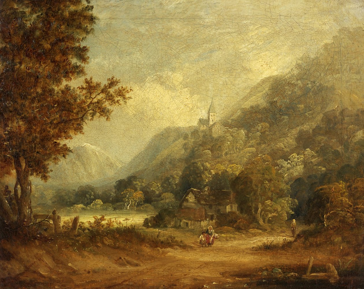 带教堂和农场的山景（布面油画） 作者 英语学校
