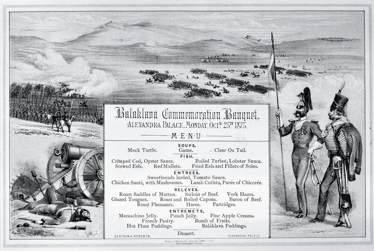 1875 年 10 月 25 日在亚历山德拉宫举行的巴拉克拉瓦纪念宴会的插图菜单（雕刻） 作者 英语学校