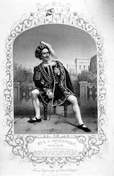 威廉-莎士比亚（1564-1616）的《无事生非》中第二幕第三场，E.L.达文波特先生饰演班纳迪克，由伊斯林顿的佩恩制作的达盖尔照片（雕刻）。 作者 英语学校
