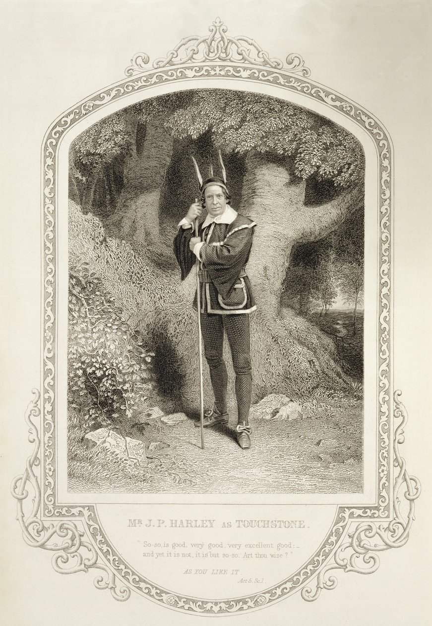 JP Harley先生作为Touchstone，第五幕第一幕，由William Shakespeare（1564-1616）拍摄，由乔治·霍利斯（1792-1842）从JP Mayall（1810-1901）的银版照相中镌刻 作者 英语学校