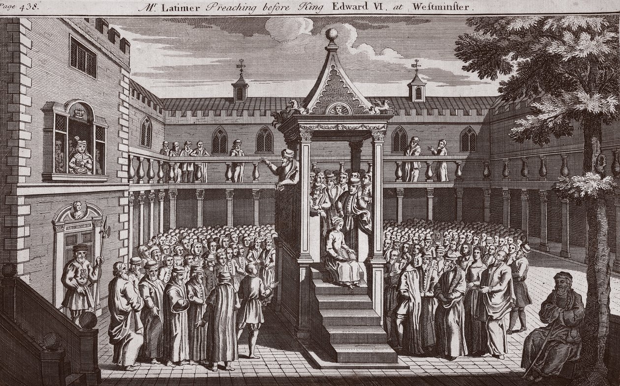 拉蒂默先生在威斯敏斯特国王爱德华六世前讲道，来自Foxes Martyrs c.1703的插图 作者 英语学校