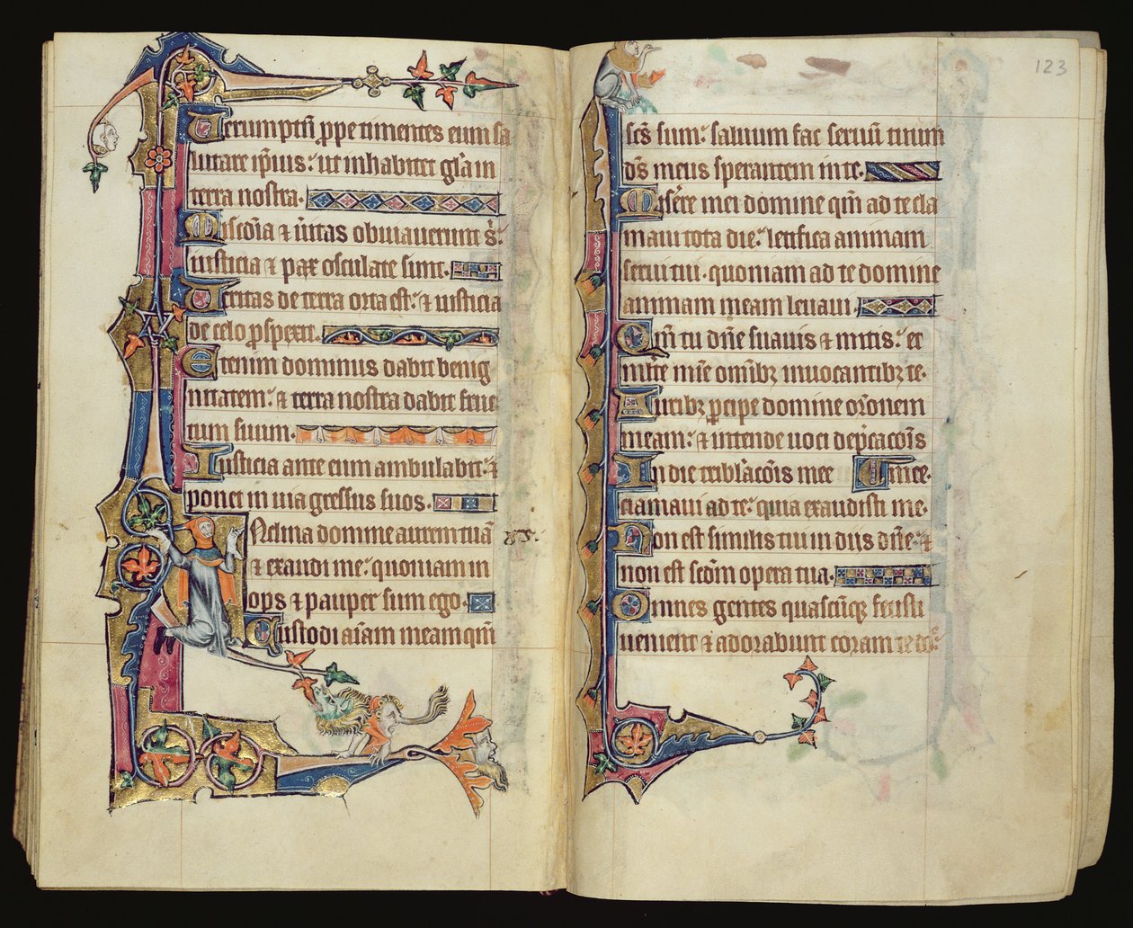 1-2005女士，ff.122v-123r：来自Macclesfield Psalter的怪诞边缘装饰，东安格利亚Sarum的使用，c.1330 作者 英语学校