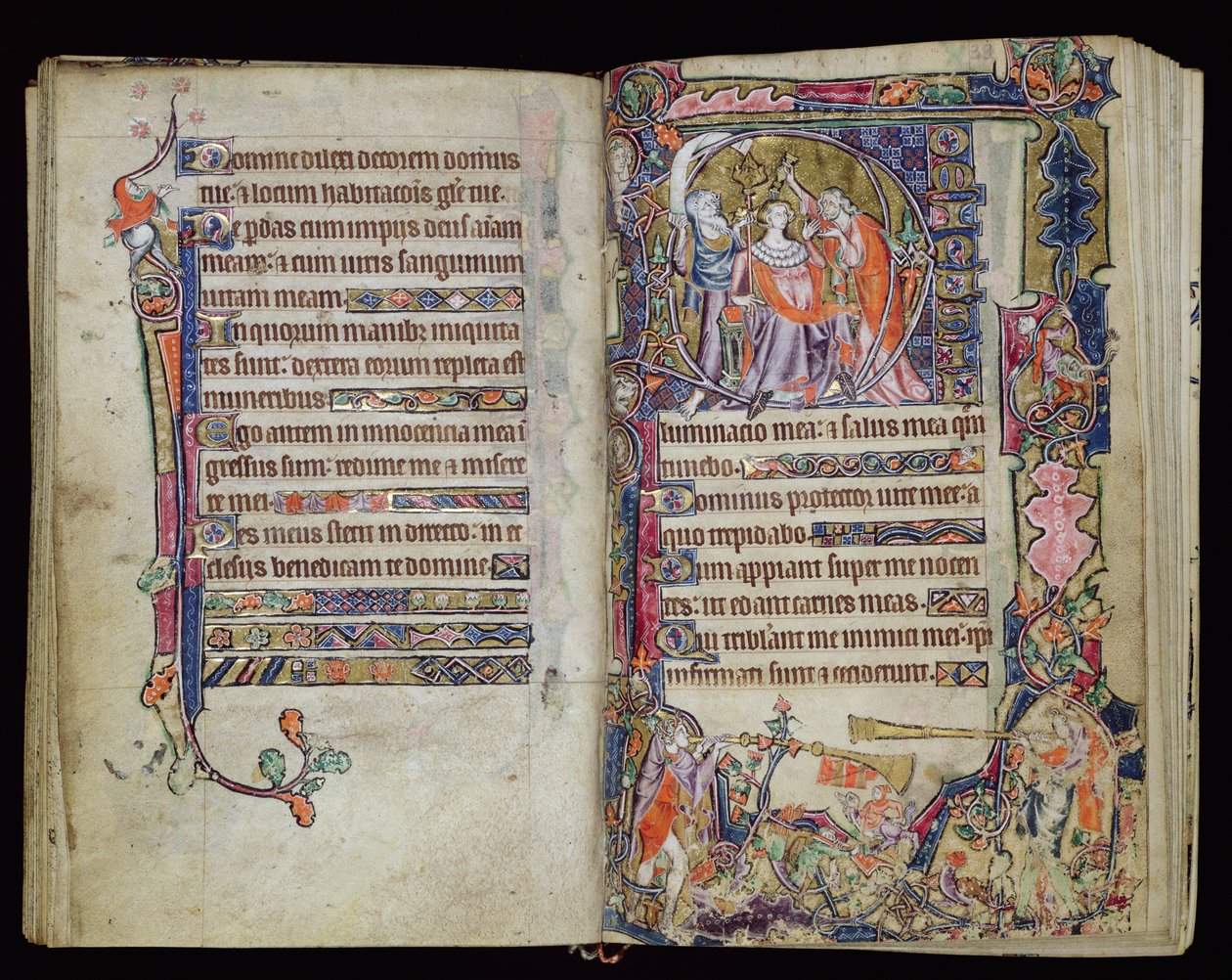 1-2005号女士，ff.38v-39r：大卫的恩膏，从麦克尔斯菲尔德Psalter起初的D起源，使用东安格利亚的萨鲁姆，c.1330 作者 英语学校
