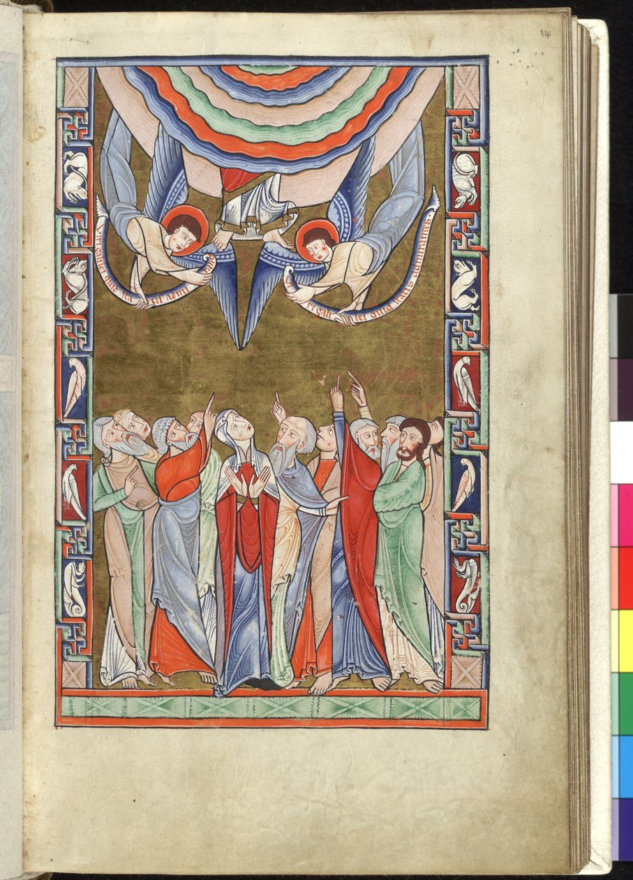 Ms Hunter 229 f.14r 《升天》，摘自《亨特诗篇》，约 1170 年（羊皮纸上的钢笔、墨水和蛋彩画） 作者 英语学校