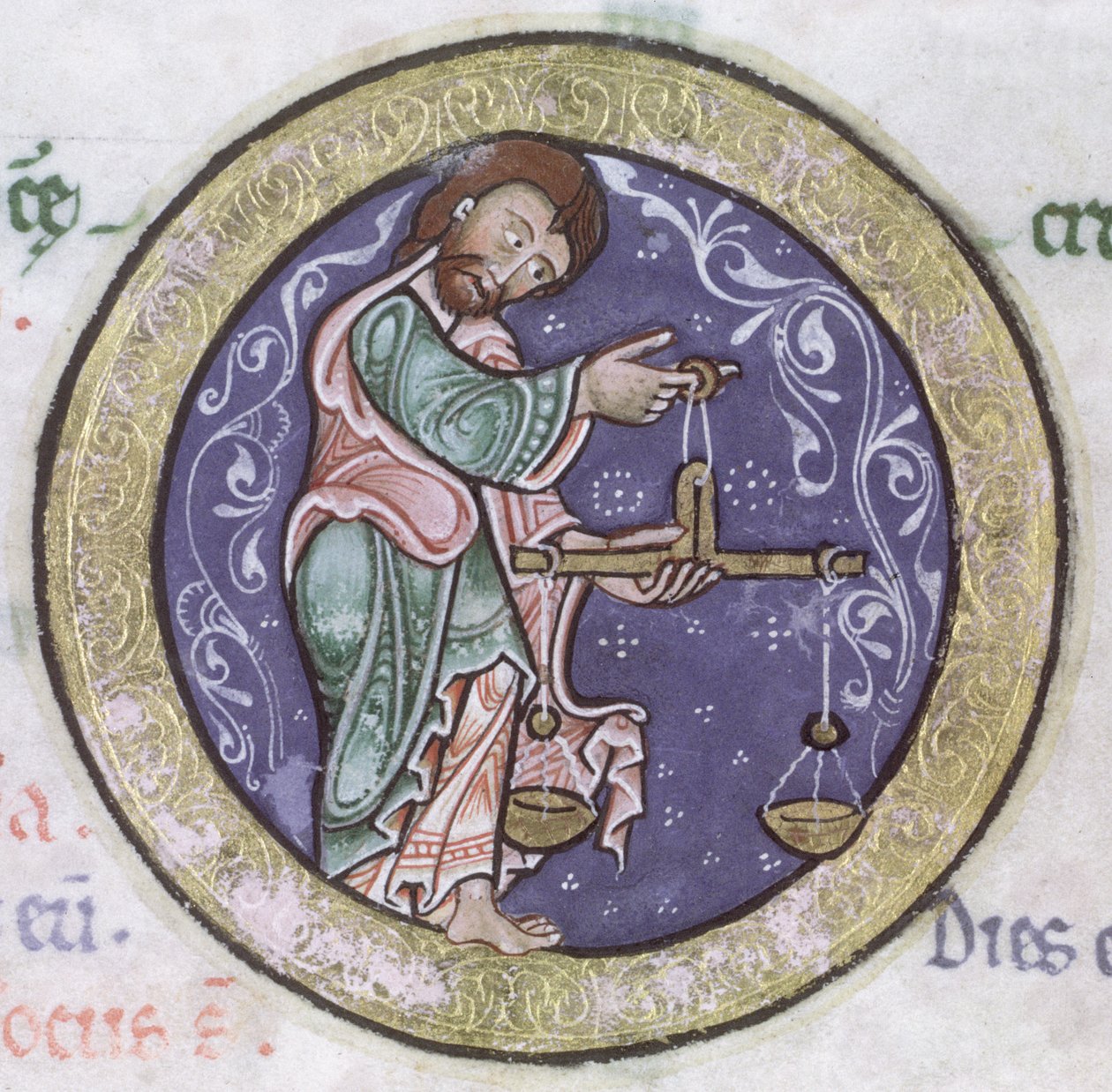 Ms Hunter 229 f.5r Libra，来自 Hunterian Psalter，c.1170（羊皮纸上的钢笔和墨水和蛋彩画）（细节） 作者 英语学校