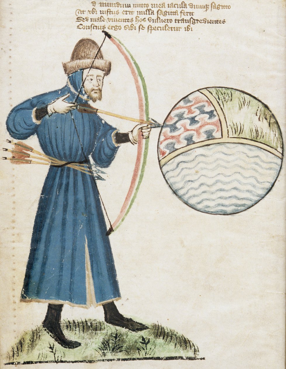 Hunter 59 f.6v Archer在全球范围内被射击，来自Vox Clamatis，John Gower（1330-1408） 作者 英语学校