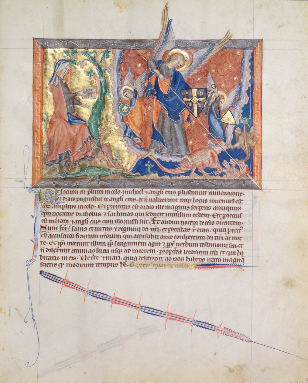 LA 139-Lisboa女士fol.30隐藏在沙漠中的女人，而天使长迈克尔在Gulbenkian Apocalypse中战斗天堂中的龙，c.1265-70 作者 英语学校