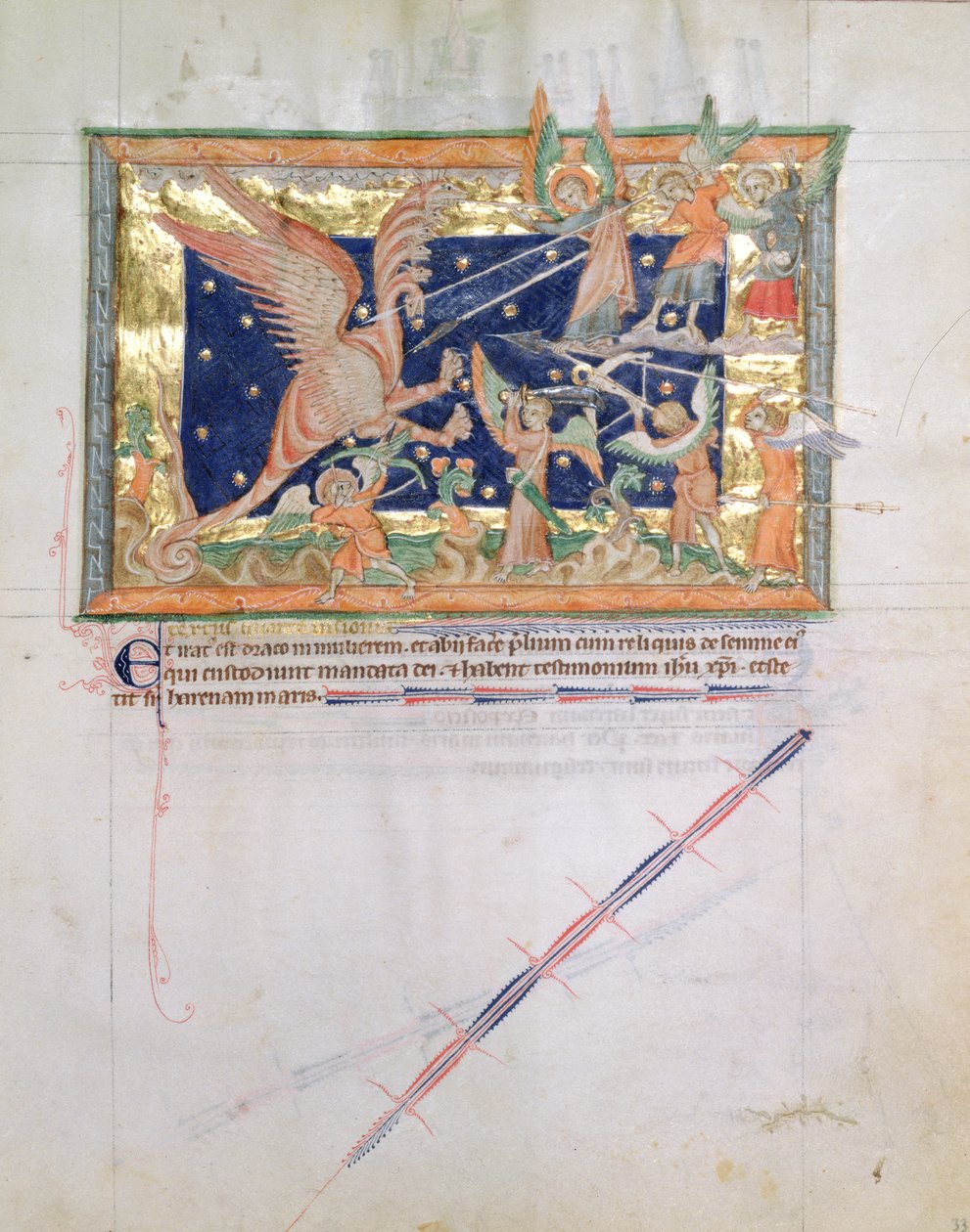 LA 139-Lisboa女士fol.33龙从古尔本基安启示录与信徒发动战争，c.1265-70 作者 英语学校