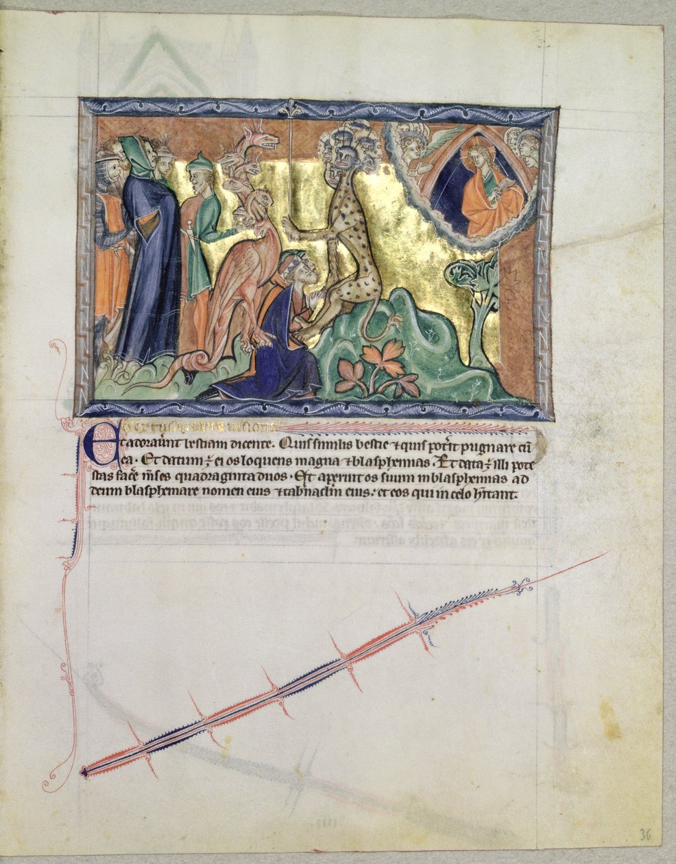 LA 139-Lisboa女士fol.36上帝看着人们在红龙的面前崇拜大海的野兽，来自古尔本基安启示录，c.1265-70 作者 英语学校