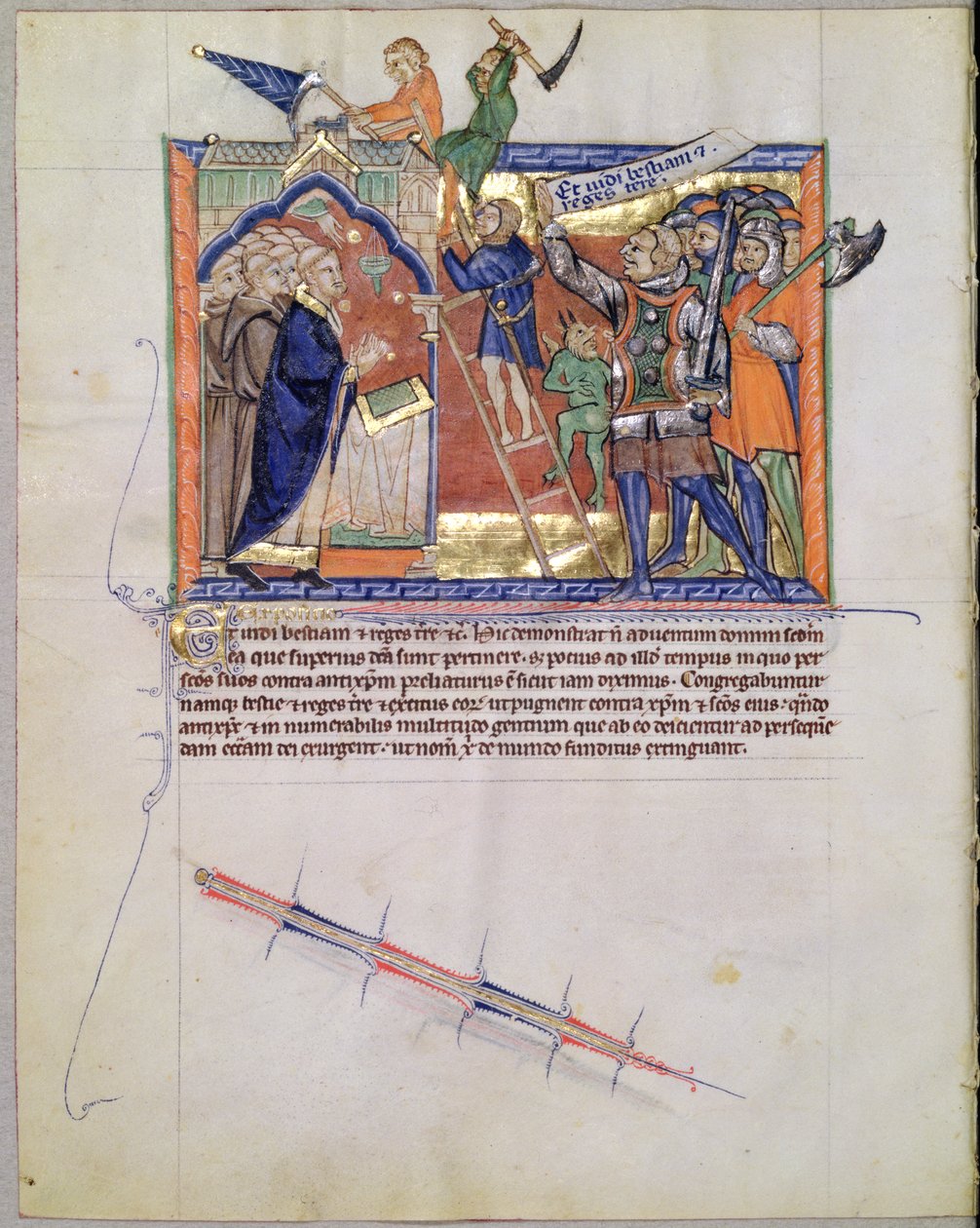 LA 139-Lisboa女士fol.66神圣的战士从Gulbenkian Apocalypse那里带领一支军队对抗那些攻击信徒的人，c.1265-70 作者 英语学校