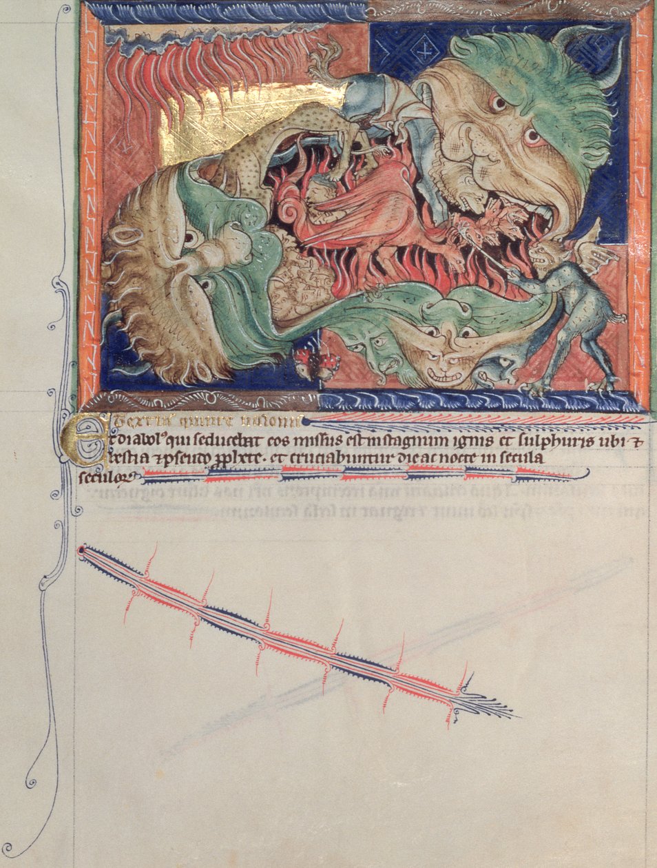 LA 139-Lisboa女士fol.71地狱的下颚吞噬了红龙，大海的野兽和地上的野兽，来自古尔本基安启示录，c.1265-70 作者 英语学校