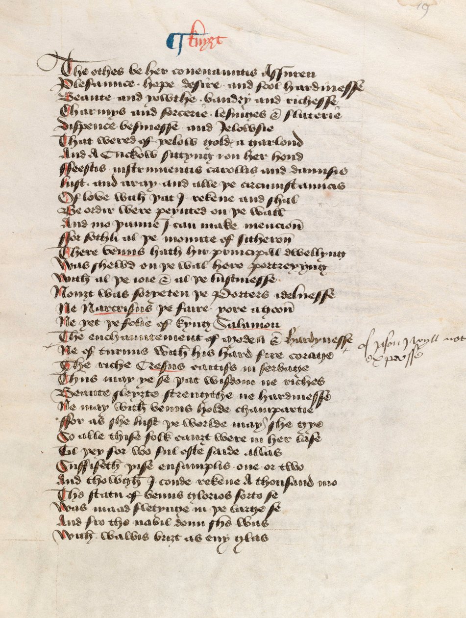 New Coll 314，f19r，Geoffrey Chaucer撰写的坎特伯雷故事集（牛皮纸笔墨水） 作者 英语学校