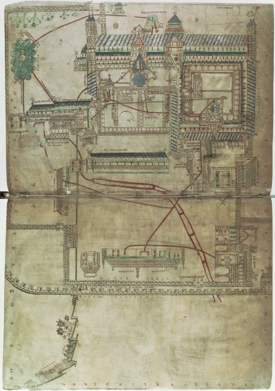 Ms R 171 f.285 坎特伯雷大教堂和管道系统的平面图，来自“Eadwine Psalter”，c.1150（牛皮纸） 作者 英语学校