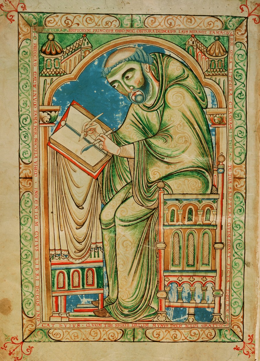 Ms R 17 I f.283v Monk Eadwine at work on the manuscript, Eadwine Psalter, c.1150 (vellum)   1415522   zh       chinese Successfully Translated  Original: Wild Oat Grass, Bristle Pointed Oat Grass, Narrow Leaved Perennial Oat Grass (colour litho) Translat:  作者 英语学校