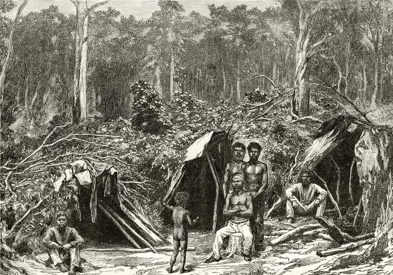 原住民土着营地，1880年，来自霍华德威洛比的“澳大利亚图片”，由伦敦宗教信仰协会出版，1886年 作者 英语学校