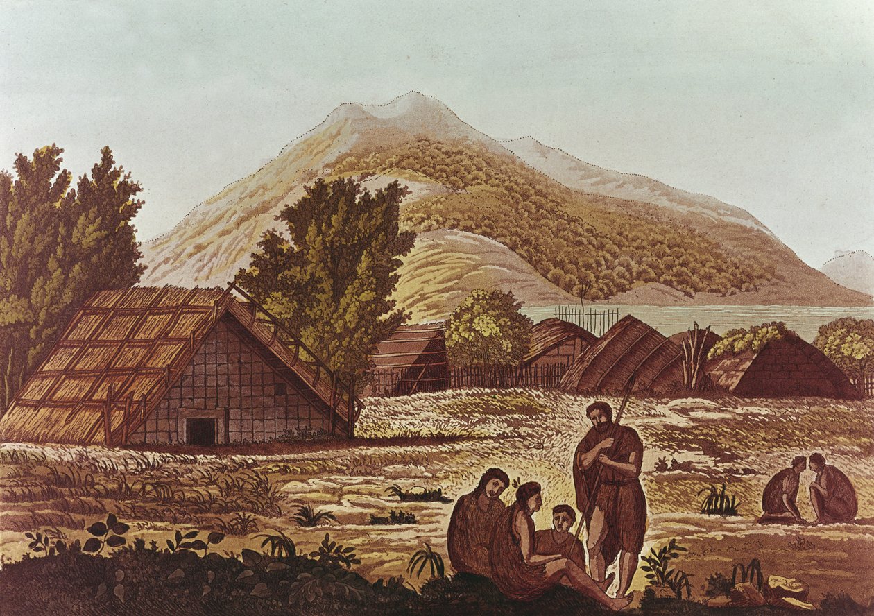F. Fumagalli（彩色雕刻）雕刻的原住民，背后有小屋和山脉 作者 英语学校