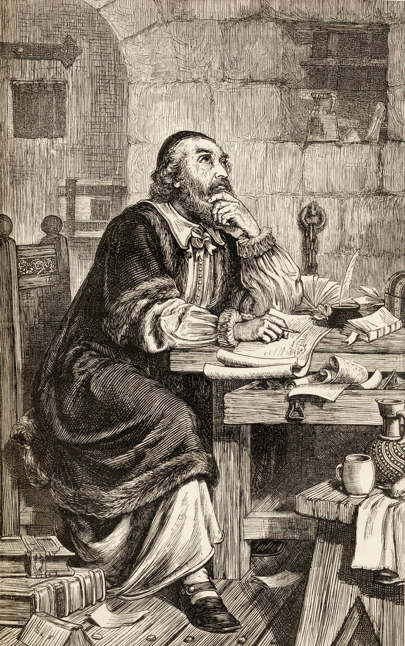 尼古拉斯·里德利在等待执行期间在狱中写信，1865年（木版画） 作者 英语学校