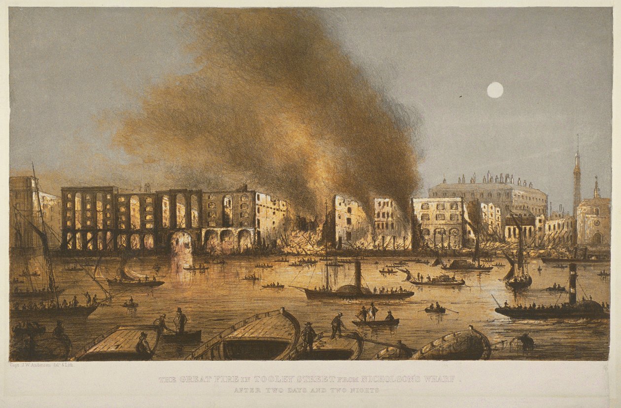 1861年在Tooley街，Bermondsey，1861年火灾的夜间视图 作者 英语学校